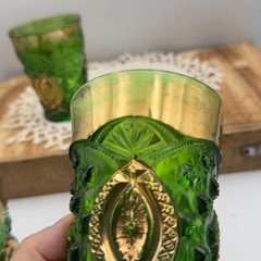 Northwood Memphis Emerald Green Glass Tumblers Gold Gilt Dolls Eye Set of 3 EAPG