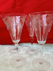 Depression Era Wine & Cocktail Glasses Gray Cut Flower Optic Bowl Bulbous Stem