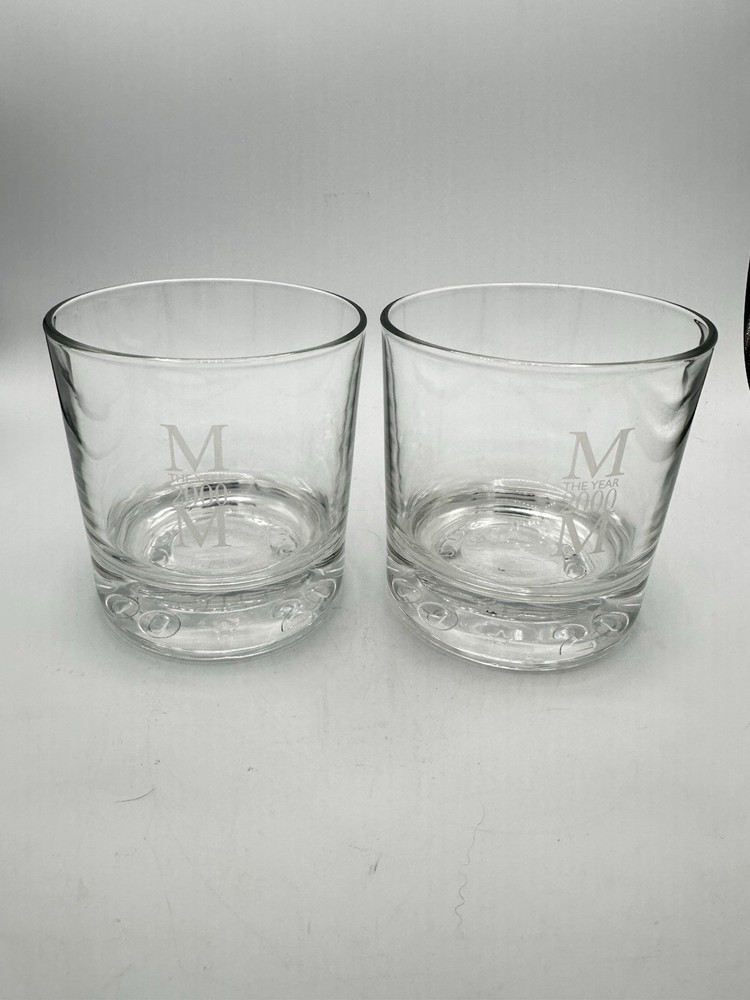 Pair Millennium 2000 Etched Whiskey Glasses Old Fashioned Rocks Tumblers Barware
