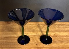 Set of 6, 4 Wine Glasses, 2 Martini Glasses, Cobalt Blue with Green Stems