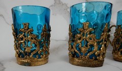 Antique Miniature Glasses Shot Blue Glass in Ornate Brass Filigree Holders