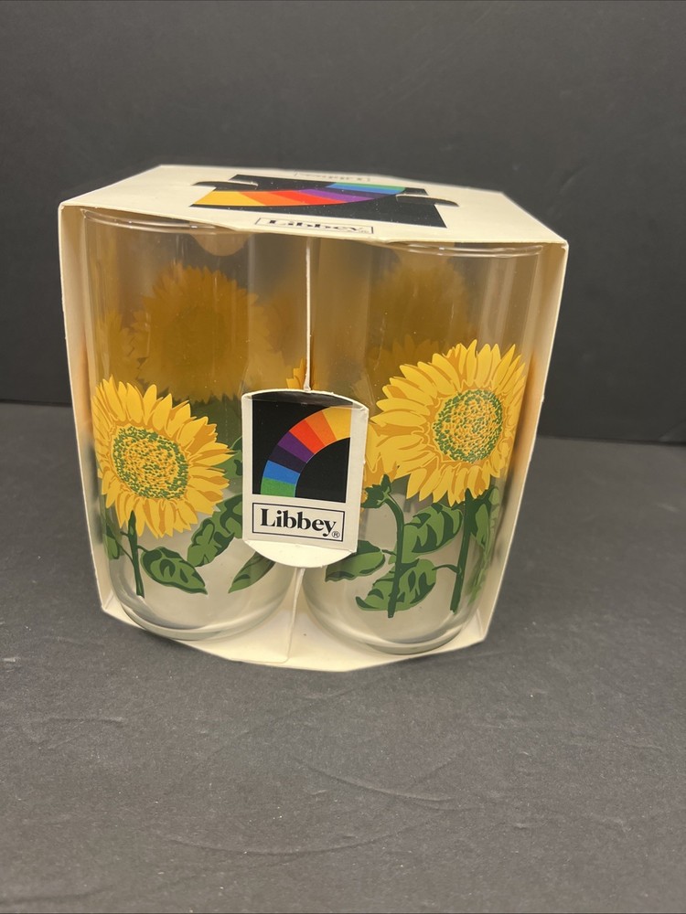 Vintage Libbey Sunflower Glasses Tumblers Set Of 4 Autumn Original Box