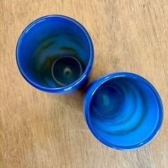 Hand Blown Art Glass Tumbler Set Of 2 Blue Green White Swirl Heavy