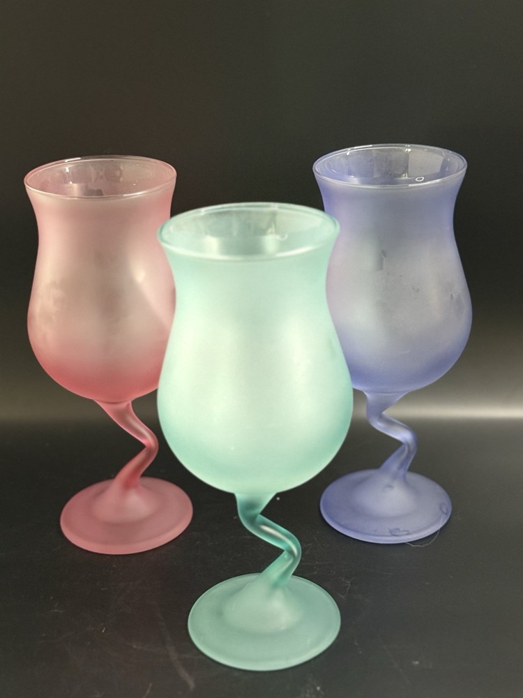 VTG Libbey Wine Glass Pastel Colors Frosted Glass Goblet With Z Stem Set Of 3