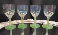 4 Vintage Iridescent Optic Rib Green Stem Sherry Aperitif Cordial Glasses Set
