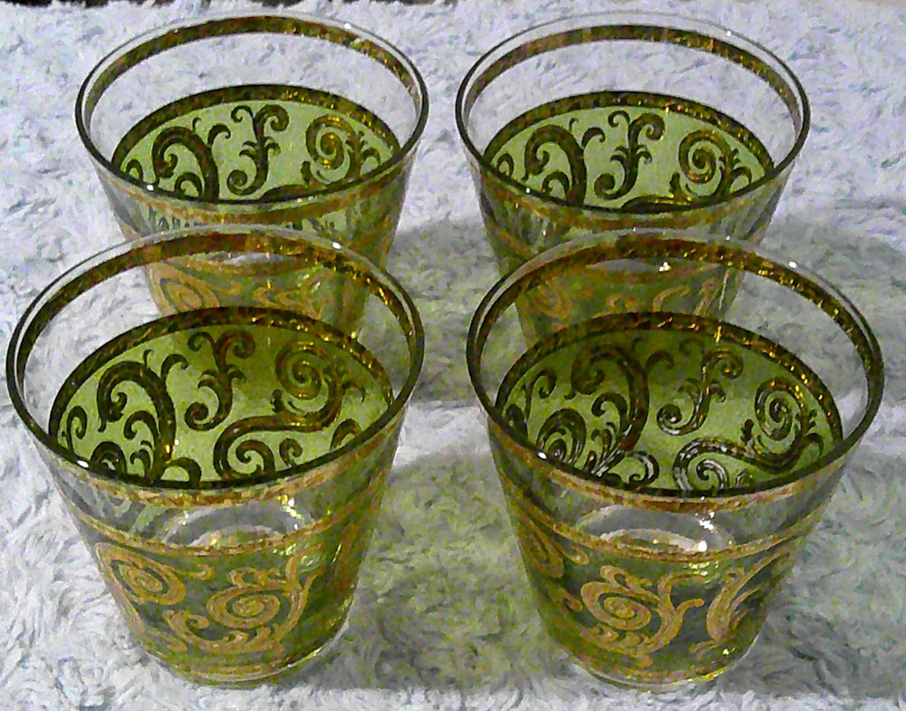 Culver Signed Vintage Toledo Green Gold Scroll DOF Lowball Bar Glasses Set/4 EUC