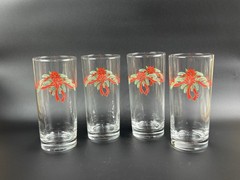 NOS 4 Holiday Poinsettia and Ribbons Glass Tumblers Anchor Hocking Flat bottom