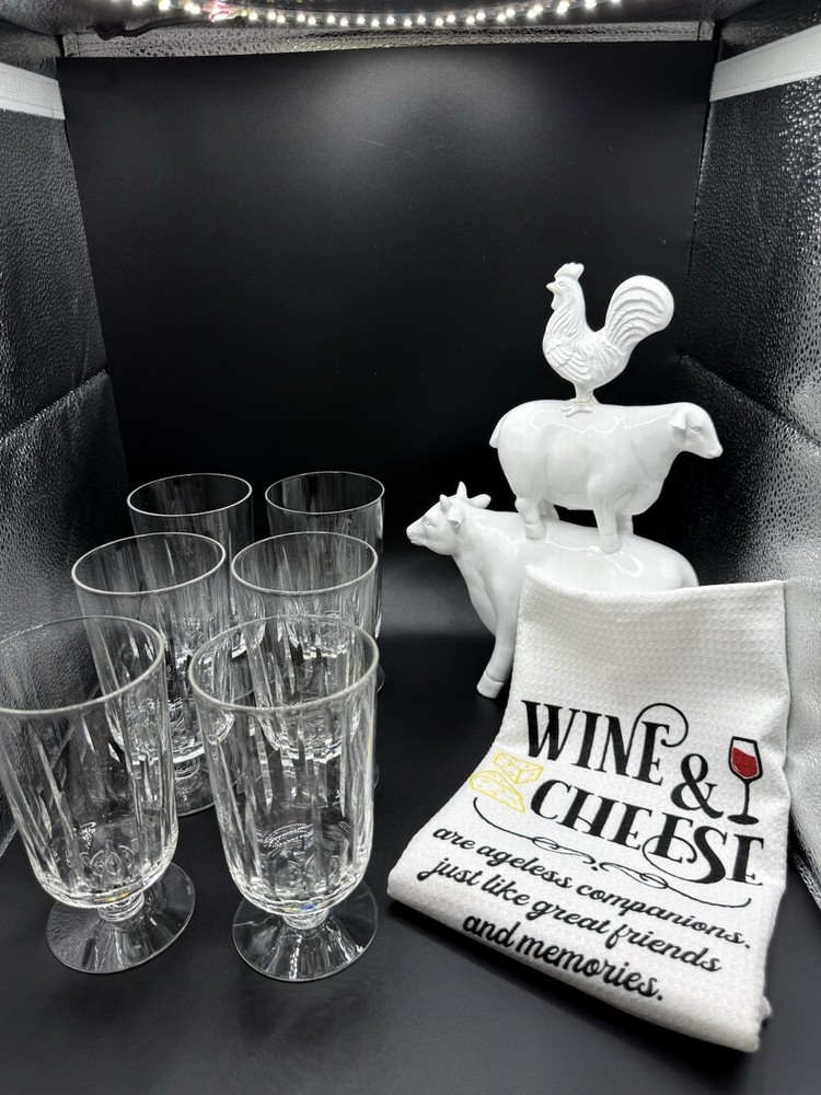 (6) Footed Crystal Water/Juice Glasses-5 1/2″ x 3″ with a wafer Design on stem.