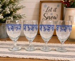 Set of 4 Libbey Snowman Holiday 16 oz 7” Glass Blue Winter Goblets