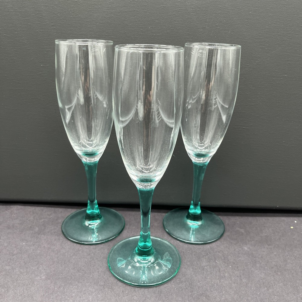 3 Turquoise Stem Cristal D’Arques-Durand Luminarc Champagne Flute Glass Teal