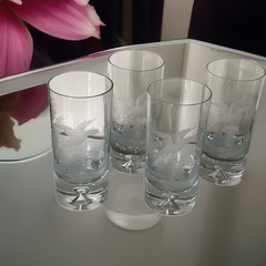 Lot 4 Vintage Etched Bird Highball Glasses Hand Blown Frosted Barware Heavy Base