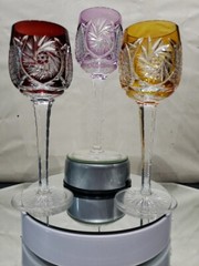 3 Wine Glasses Hocks Goblets Amber, Purple. & Red Cut to clear Crystal Buzzstars