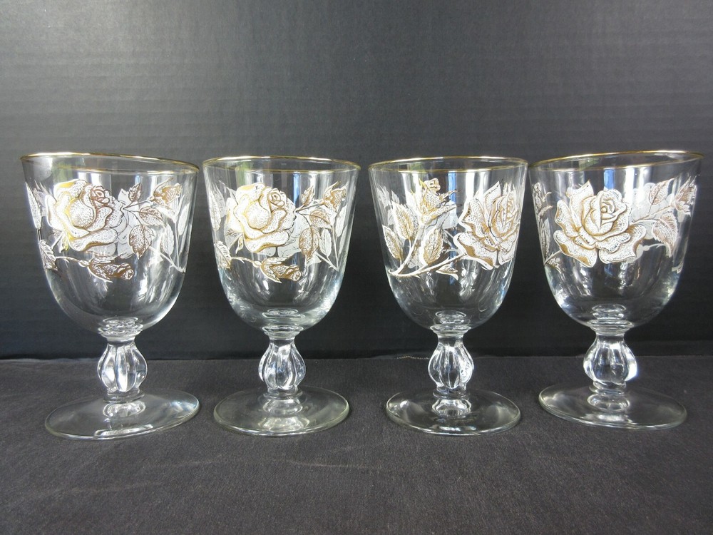 4 VINTAGE LIBBEY HALLMARK CRYSTAL ROSE BOUQUET GOLD RIMMED WINE GLASSES SET