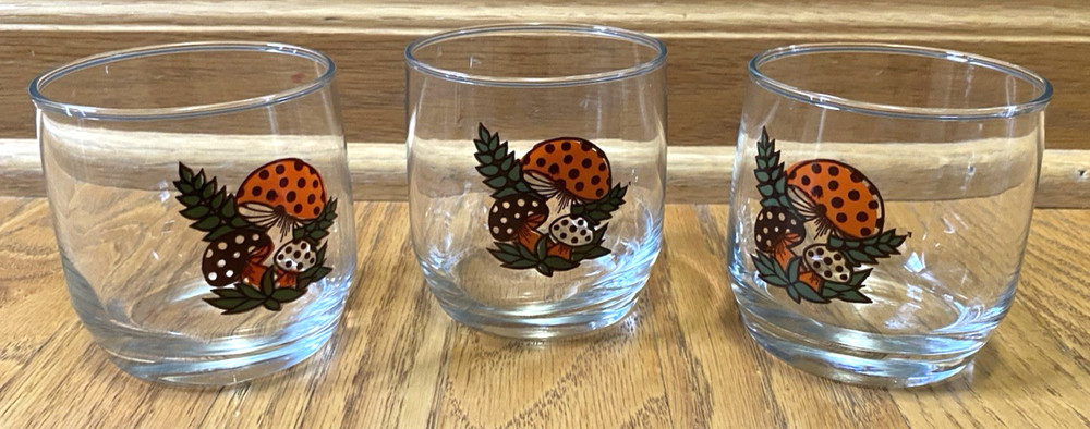 Vintage Sears Merry Mushroom Juice Lowball Drinking Glass Glasses 8oz Set of 3