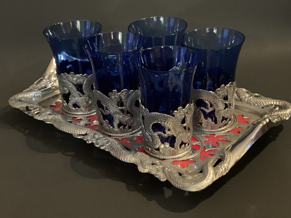5 Vintage Cobalt Blue Cordial glasses w Tray Art Deco Silver Color Tray 4”