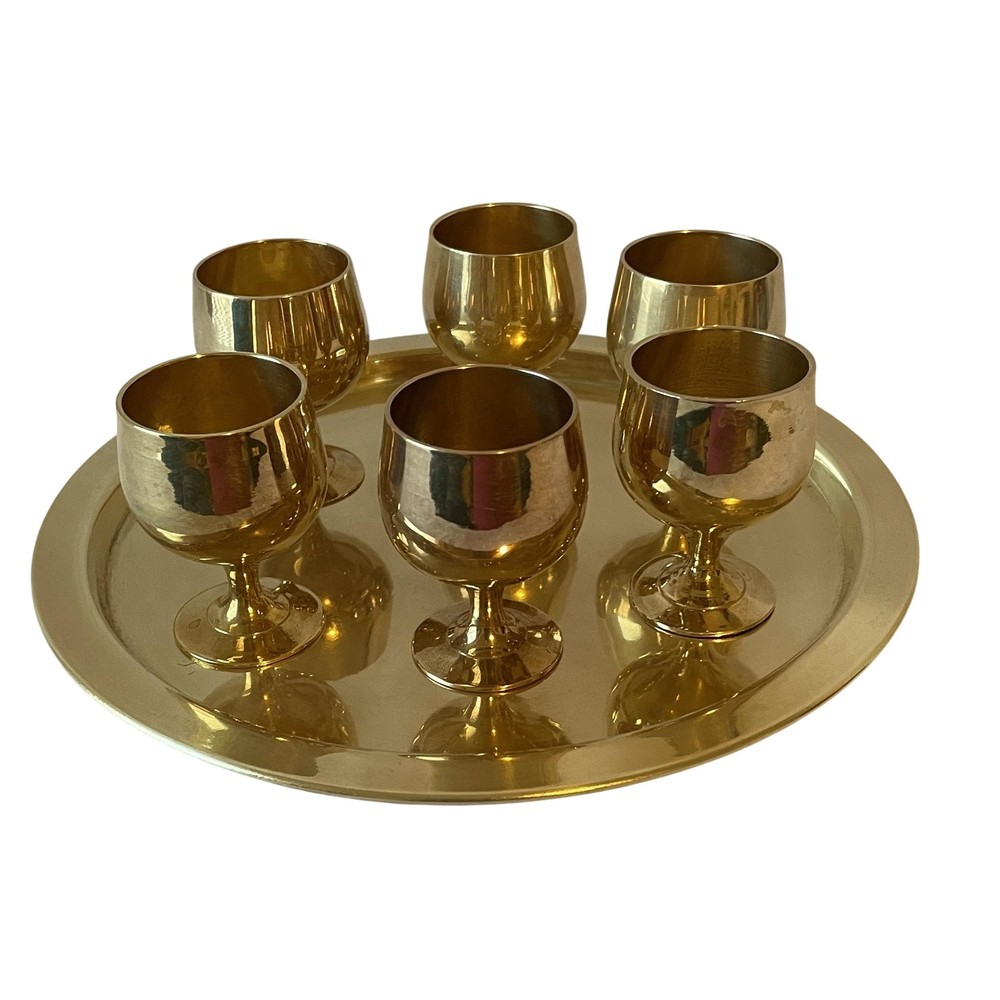 Set 6 Mini Brass Goblets With Round Tray Gold Decorative Barware Vintage India