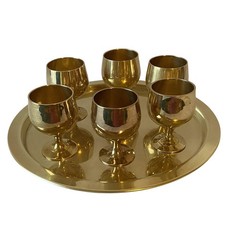 Set 6 Mini Brass Goblets With Round Tray Gold Decorative Barware Vintage India