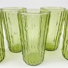 7 Anchor Hocking Tahiti Bamboo Avocado Green 12oz Tumblers Glasses Set MCM Lot