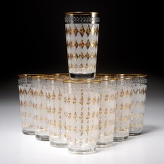 Vintage MCM Gold Leaf Diamond Frosted Collins Tumbler Highball Glasses Set of 11