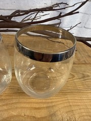 2 pc Set of MCM Roly Poly Cocktail Bar Lowball Glasses 4.25” Silver Rim