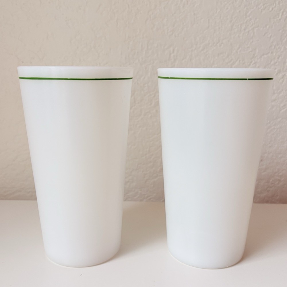 (2) White Milk Glass Tumbler Green Line Trim Vintage Drinkware
