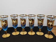 6 Vintage Bohemian Cobalt Cordial Hand Painted Shot Glass Gold Decoration