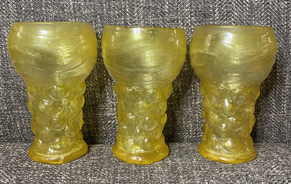 3 Goblets Bubble Glass Grape Motif Glasses Mid Century MCM