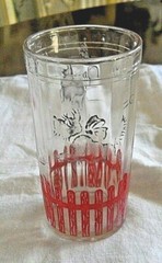 Hazel Atlas ? Jelly Jar Tumbler Juice Glass Old Vtg Dog Chasing Ball Red Fence