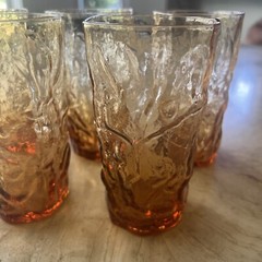 VTG Amber Glass Tumbler Set Mid-Century Crinkle Texture 5 PCs- 5 3/16″