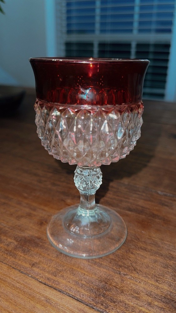 Indiana Glass Diamond Point Ruby Water Wine Goblet 5.25” Kings Crown – Qty 11