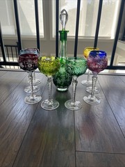 8 Bohemian Crystal 8” Stems Cut to Clear Wine Multicolored Vintage + Decanter