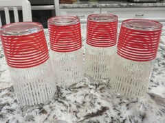 4 Vintage Art Deco Red White Horizontal/Vertical Stripe 3 3/4″ Juice Glasses EXC