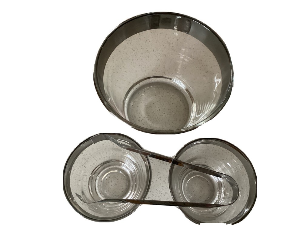 Silver Rimmed Glasses (2) with Ice Bucket and Stainless Steel Thongs Vintage