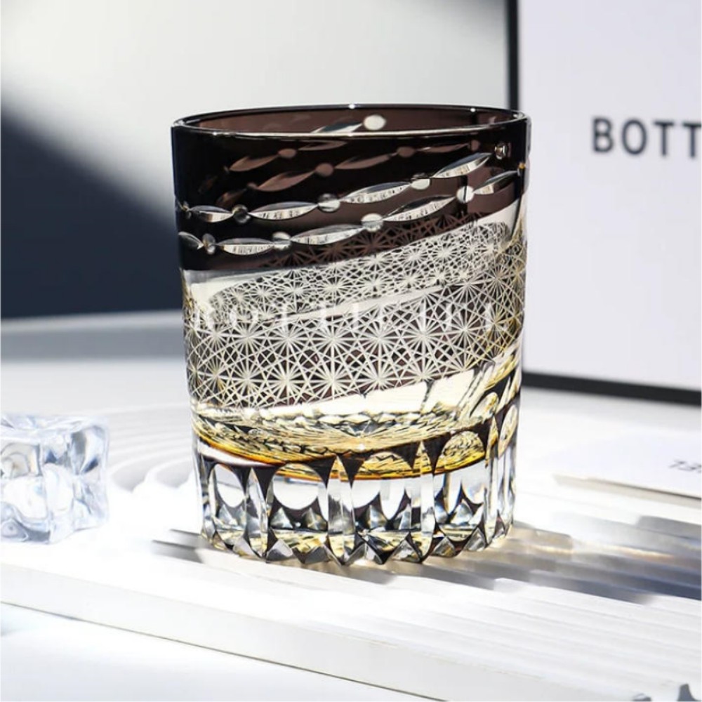 Hand Cut Japanese Style Crystal Whiskey Glass Tumbler Edo Kiriko Drinkware 10oz