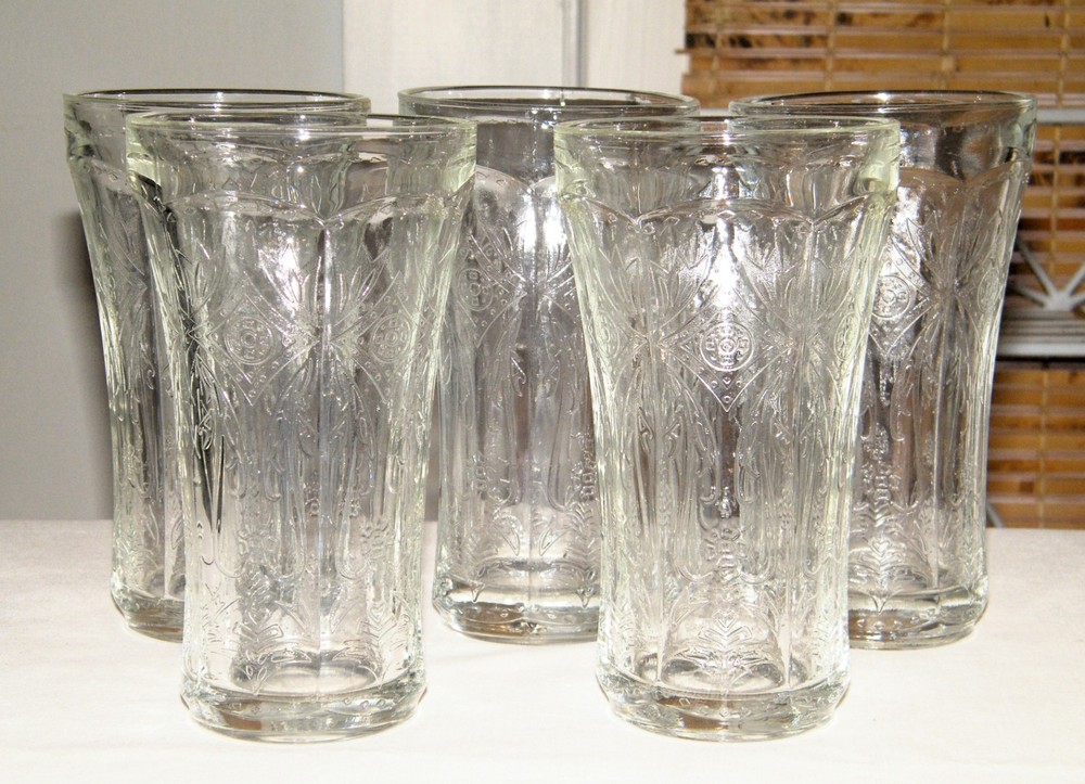 Vintage Set 5 Indiana Glass RECOLLECTION CLEAR FLAT TUMBLERS Iced Tea 14oz 6in