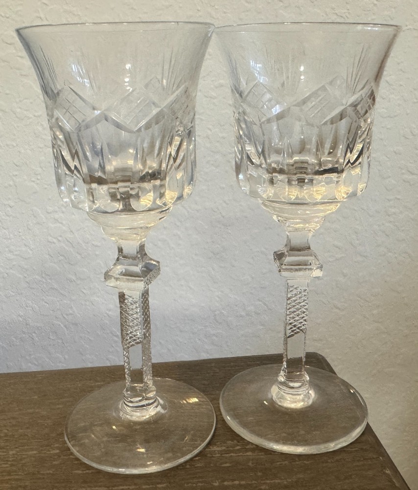 2 Vintage clear crystal cut etched cordial glass hand blown 5 1/8″ fancy