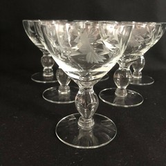 Vintage Cut Etched Crystal Wine Sherry Glasses 6 Stems Floral Design 4″ 3-4 oz.