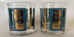 A pair MCM Lowball Glasses with Blue & Green Meander pattern