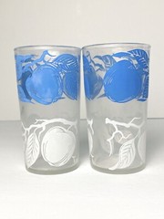 Vintage Swanky Swig Juice Glass Blue Apple Peach White Leaves Tumbler MCM Set 2