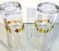 2 Hand Blown Art Glass Tumblers Applied Glass Tiles Yellow Green Purple 6.25” T