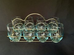 Libbey Tempo Set 8 Aqua 12oz Glasses Gold Caddy MCM Retro Wine Drinking Hosting