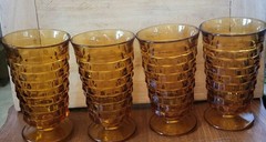 4 Vintage MCM Indiana Glass Whitehall Cubist Glasses Amber Footed Tumblers 6” EC