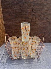 Libby Set Of 8 Frosted Tumblers In Fall Floral Pattern In Copper Colored Caddy