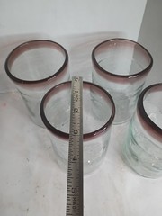 4 Mexican Hand Blown Glassware Oxblood Burgundy Rims Drink Glasses 4.5-5″ Unique