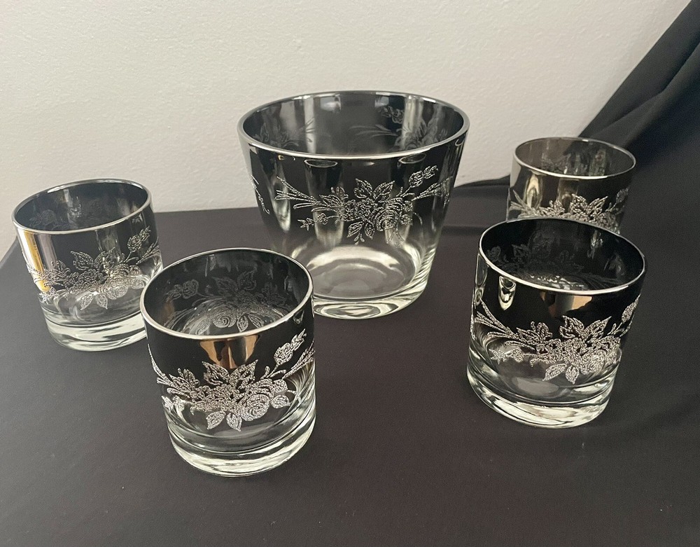 Vintage DOROTHY THORPE ombré Silver Ice Bucket And Glasses with Floral Overlay
