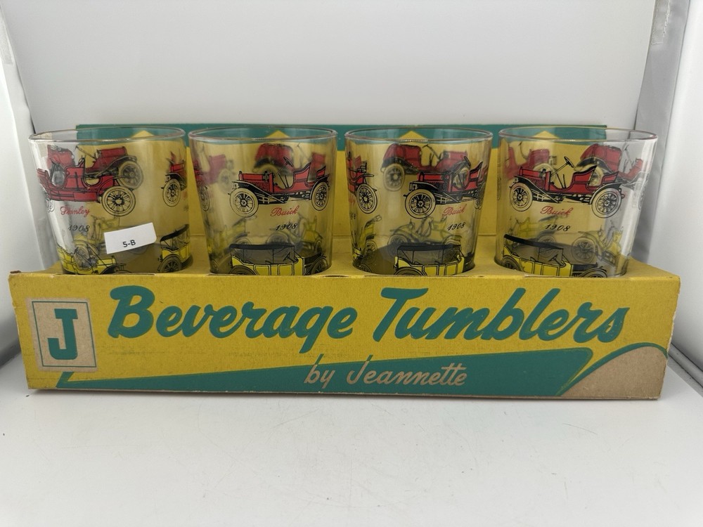 Rare Jeanette Antique Car Tumbler Set In Org. Adv.display 4 Glasses FREE SHIP
