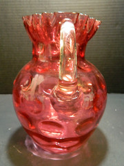 Antique Cranberry Optic Coin Dot Glass Ruffled Pitcher Set (1890’s) Good – Excel