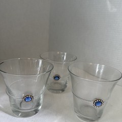Set 3 VTG Rococo Revival Drinking Glass Beading Blue Diamond Jewel Handcraft 4″