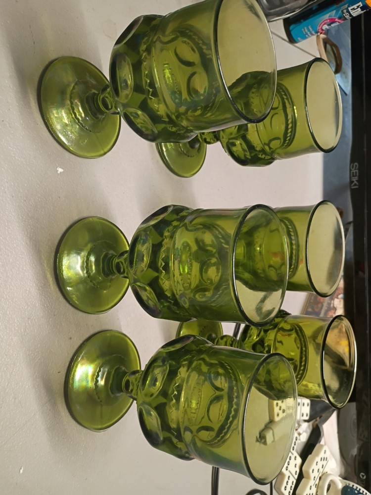 Vintage 70’s Indiana Glass King’s Crown Thumbprint Green Water Goblets Set Of 6
