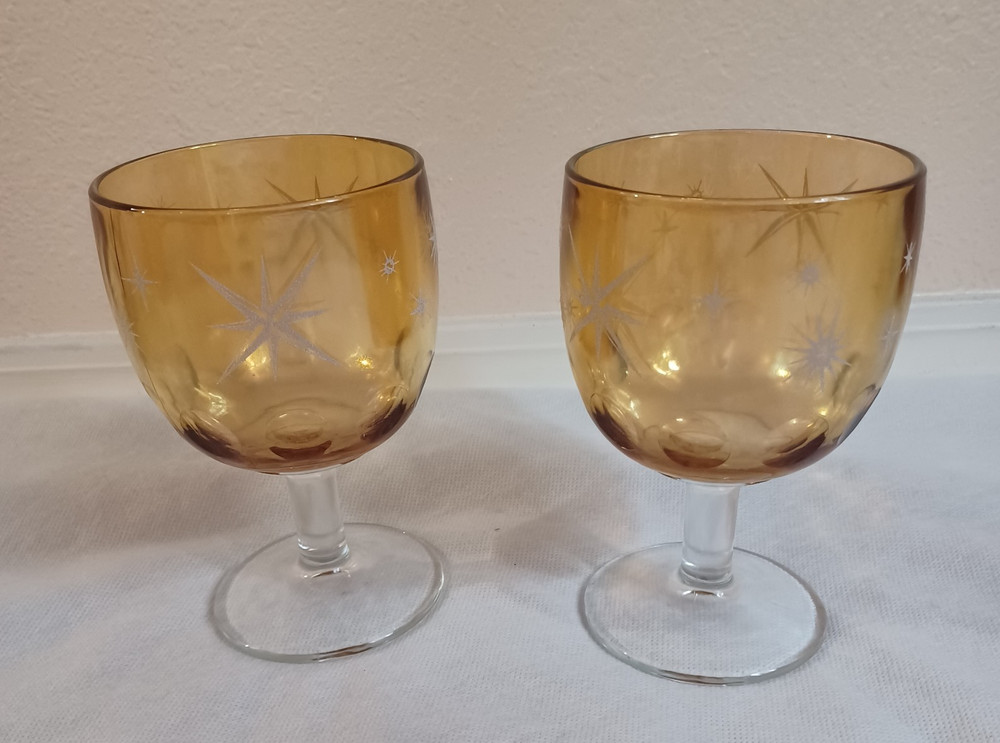 Set of 2 Vintage Atomic Bartlett Collins Starburst Drinking Goblets Gold Stars